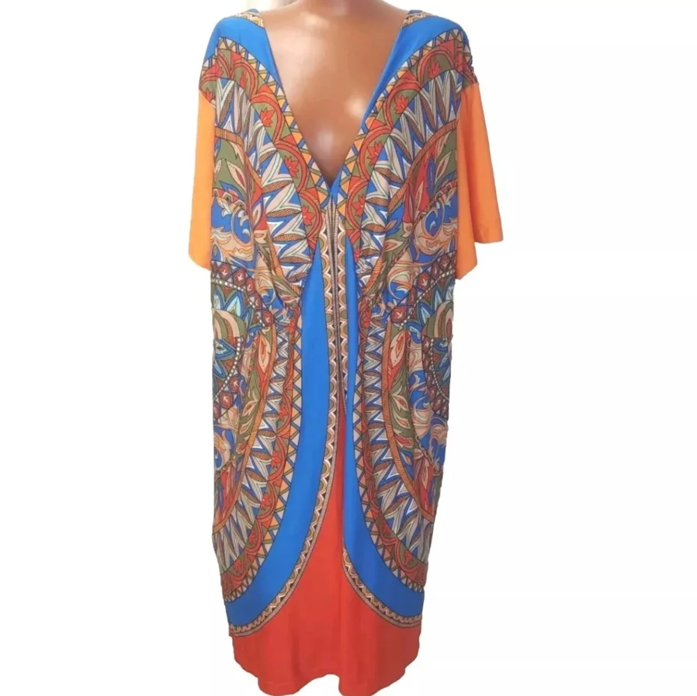 Ashley Stewart Tribal Midi Dress Woman Plus 34W 36W Orange Geometric Tribal New